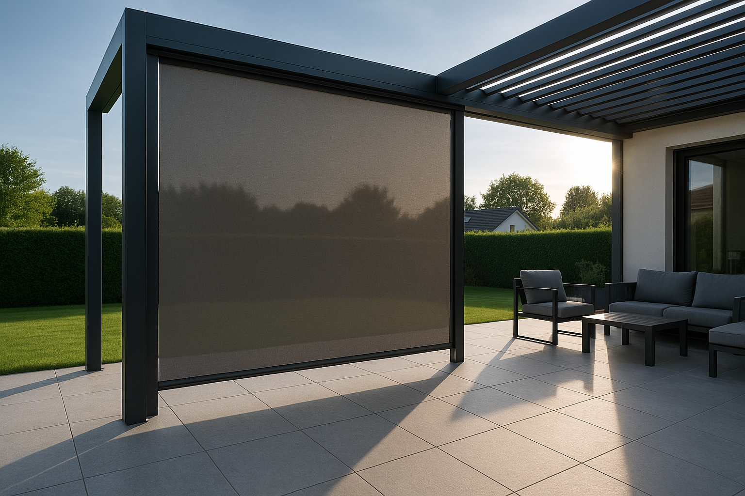 Store vertical de pergola en Essonne : protéger du soleil rasant